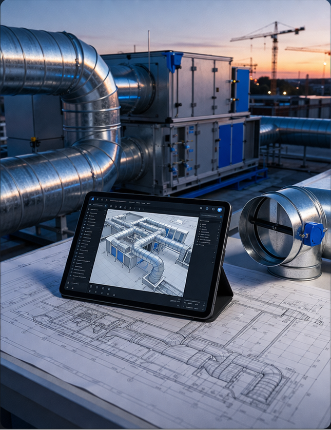 HVAC stručni tim tokom montaže ventilacionog sistema na gradilištu